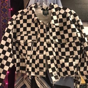 cropped checkered jean jacket